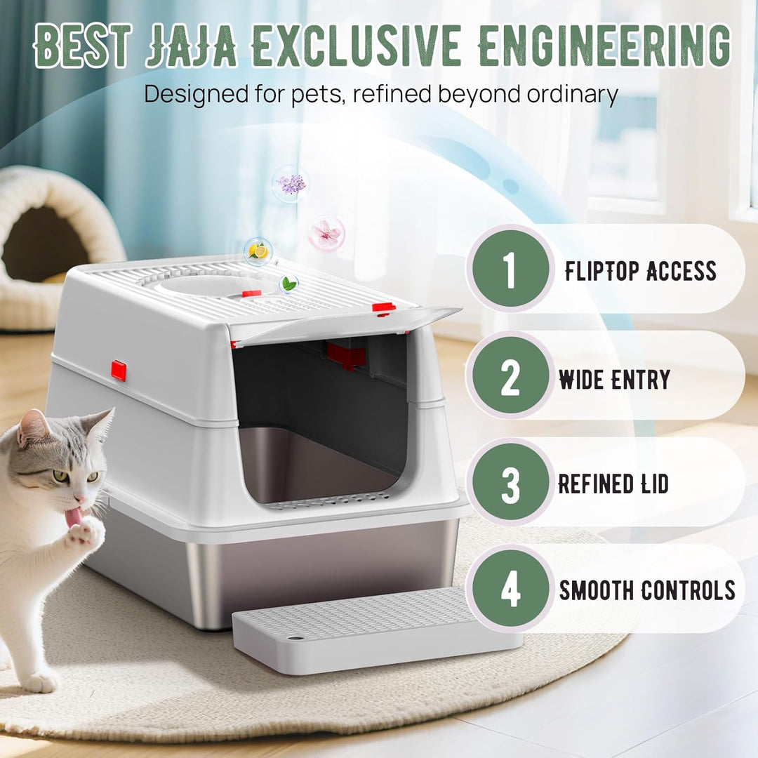 Edelstahl Katzenklo XXL aus V2A – 62 cm Geschlossene Katzentoilette mit 160° Klappdeckel, 3-in-1 Des
