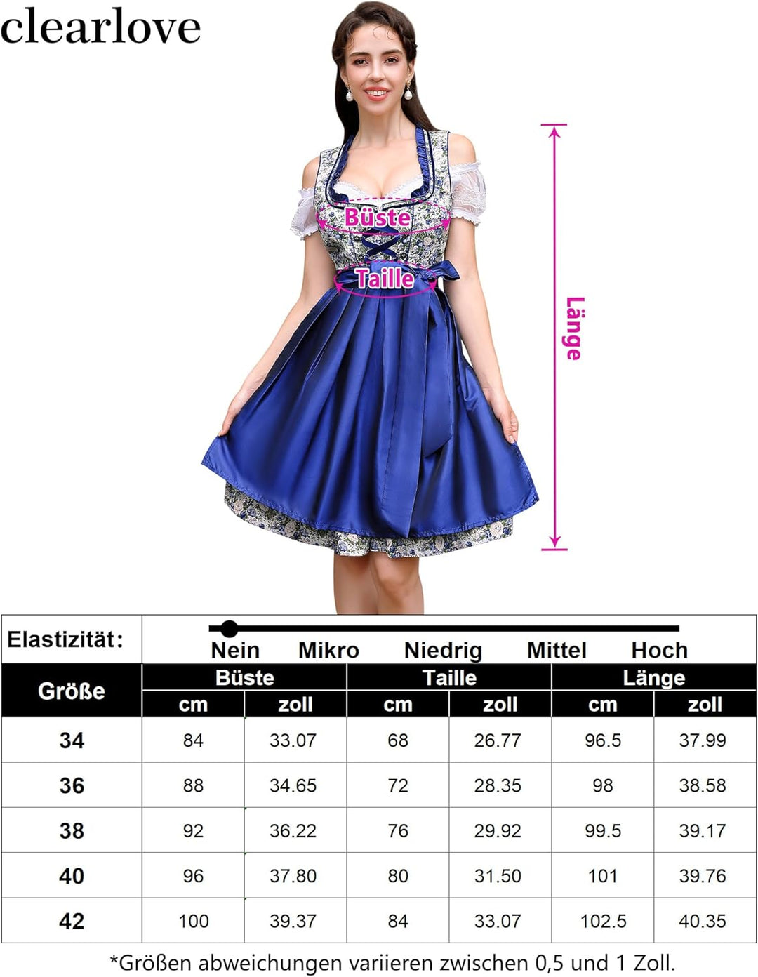 Clearlove Damen Dirndl midi 3tlg.Trachtenkleid für Oktoberfest,Karneval,DREI Teilig: Kleid, Bluse, S