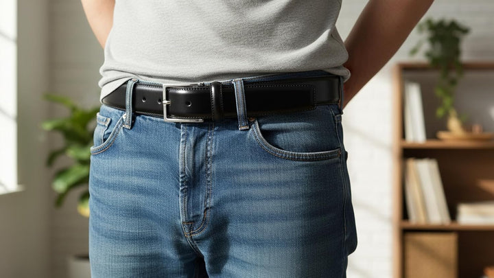 Herren-Gürtel aus echtem Leder, schwarz, glänzend, hergestellt in Italien, 35 mm, 105cm Waistline -
