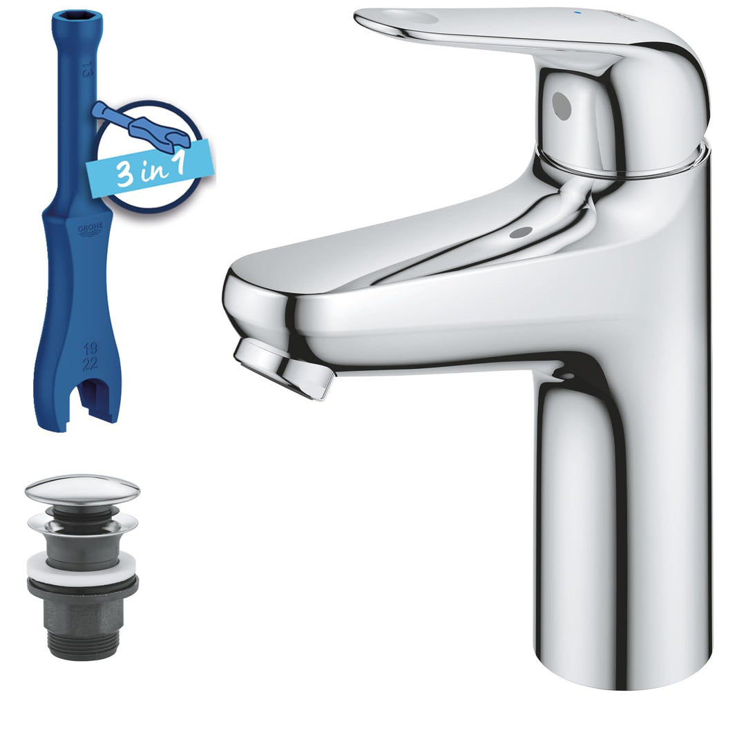 GROHE Swift, energiesparende Waschtischarmatur, Kaltwasser in Mittelstellung (Wasserhahn für Waschbe