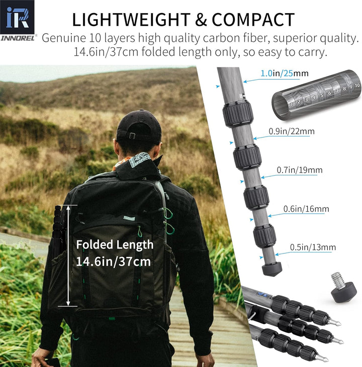 INNOREL RT55C Tragbares Karbonfaser-Stativ für DSLR-Kamera, Video, maximale Höhe 150 cm, maximale Be
