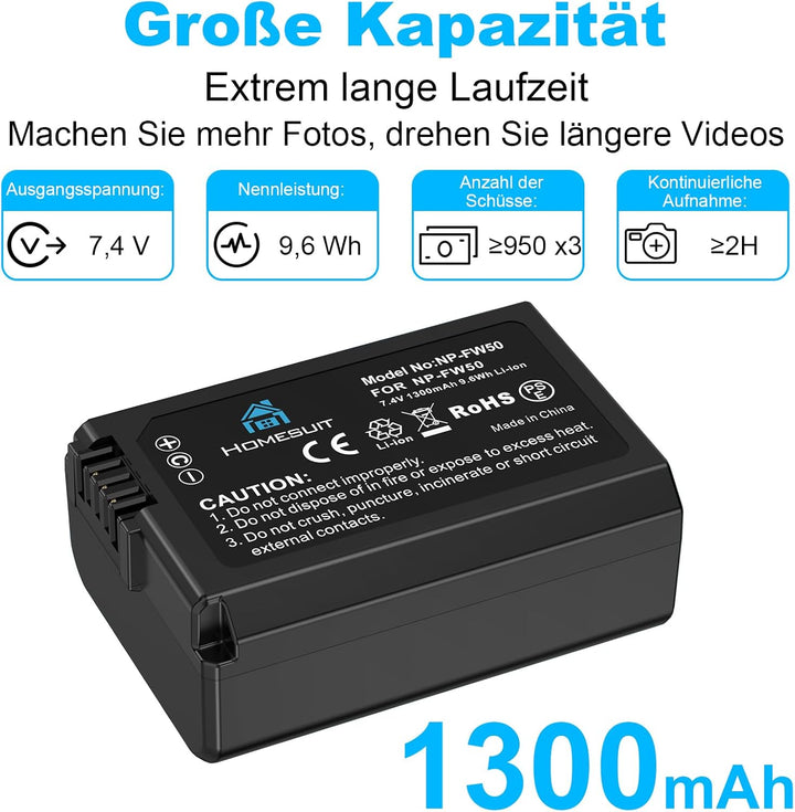 Homesuit NP-FW50 Akku 1300mAh und DREI Schlitze LCD Ladegerät Kit für Sony ZV-E10, Alpha A6000, A650