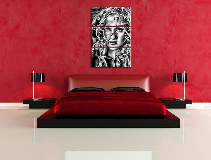 Pixxprint Monocrome, Sexy Girl Stacheldraht 3-Teiler Leinwandbild 120x80 Bild auf Leinwand