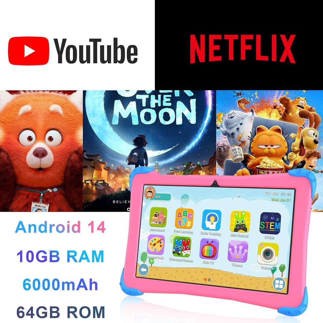 EagleSoar Kinder Tablet 10 Zoll Android 14 mit Gehäuse, Octa-Core 10GB + 64GB / 512GB Erweiterung mi