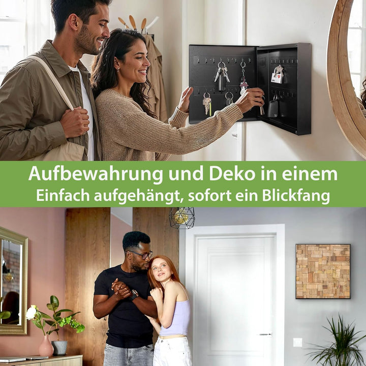 banjado® Grosser Schlüsselkasten Glas/Schlüsselbox 30cm x 30cm mit 50 Haken - Motiv Hölzernes Flickw