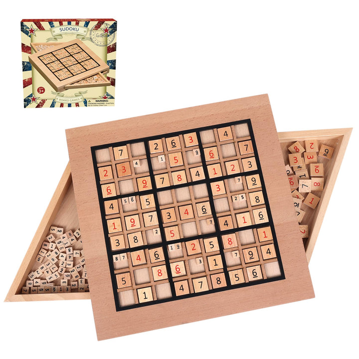 Sudoku Holzspiel mit Sudoku Brett, 90 Grossen Zahlen und Denksteinen & 2 Aufbewahrungsschubladen – D