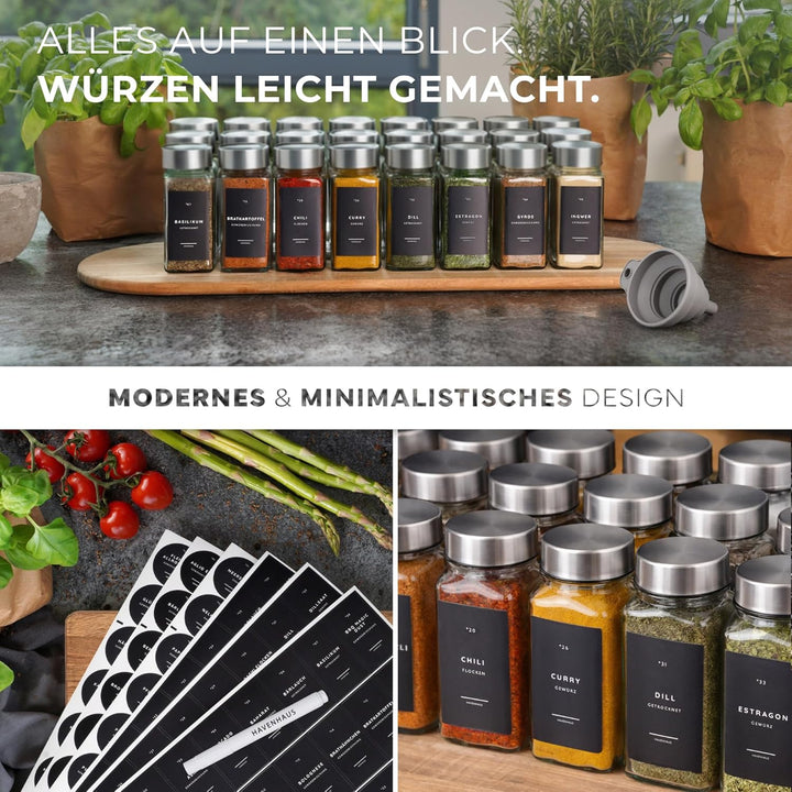 HAVENHAUS Gewürzgläser Set | hochwertiges Komplettset aus 24x Gewürz Gläser [120ml] inkl. 336 deutsc