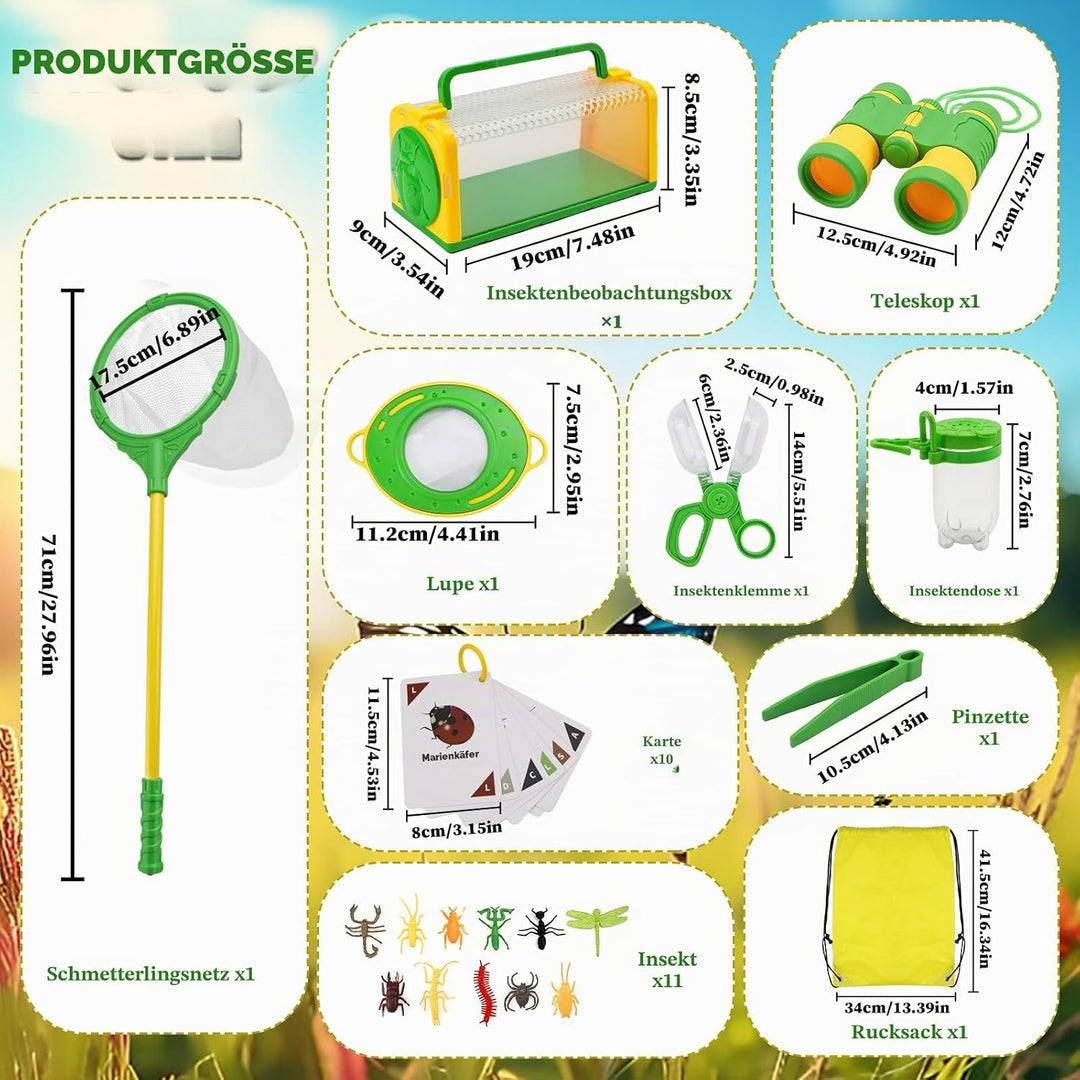 Forscherset für Kinder, Becherlupen für Kinder, Entdecker Set, Kinderfernglas, Schmetterlingsnetz, O