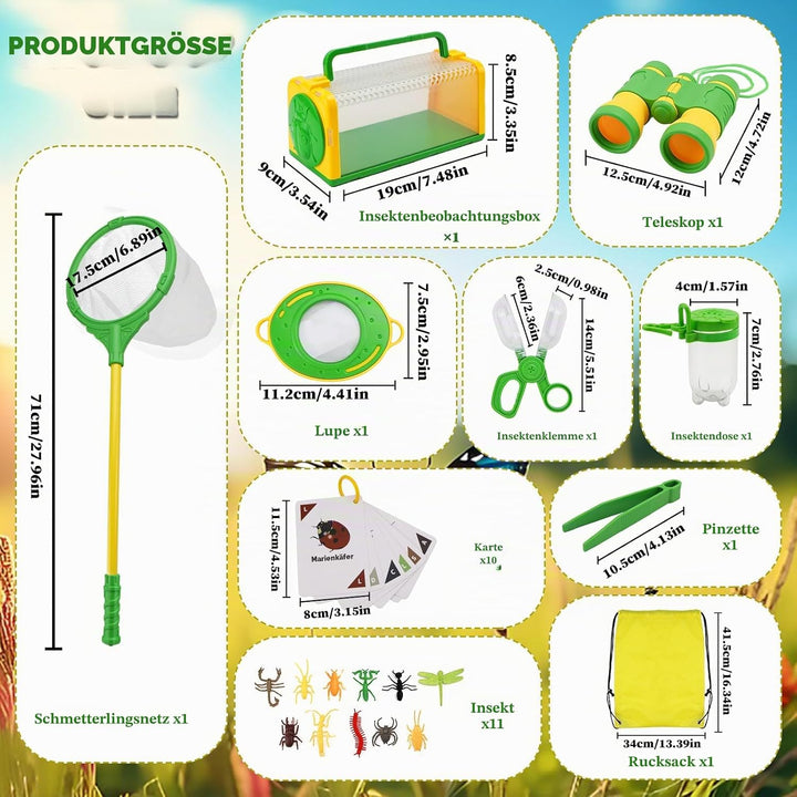 Forscherset für Kinder, Becherlupen für Kinder, Entdecker Set, Kinderfernglas, Schmetterlingsnetz, O