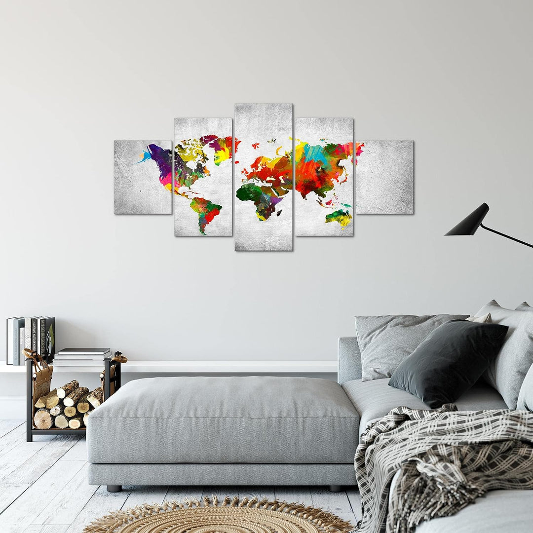Runa Art Bild Büro Wohnzimmer Weltkarte 5 Teilig Landkarte Beton Bunt Wandbilder auf Vlies Leinwand