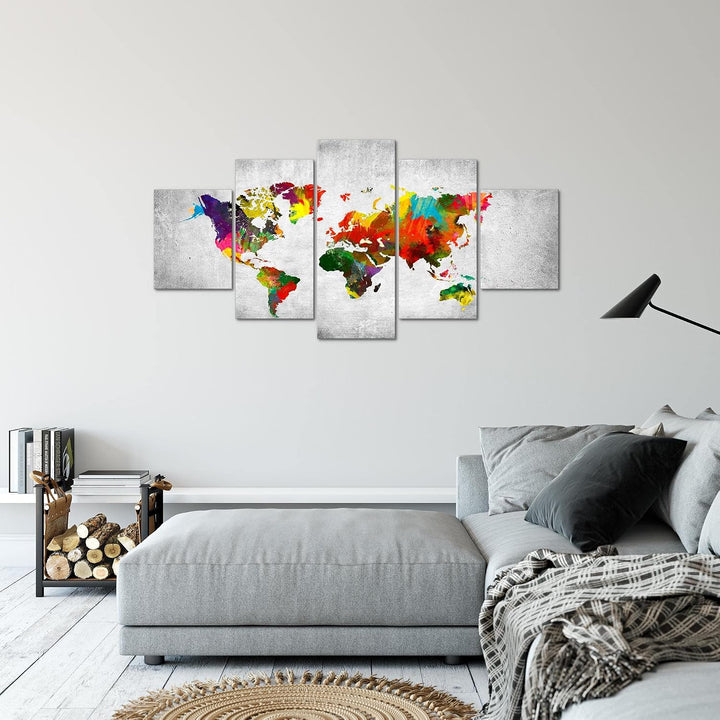 Runa Art Bild Büro Wohnzimmer Weltkarte 5 Teilig Landkarte Beton Bunt Wandbilder auf Vlies Leinwand
