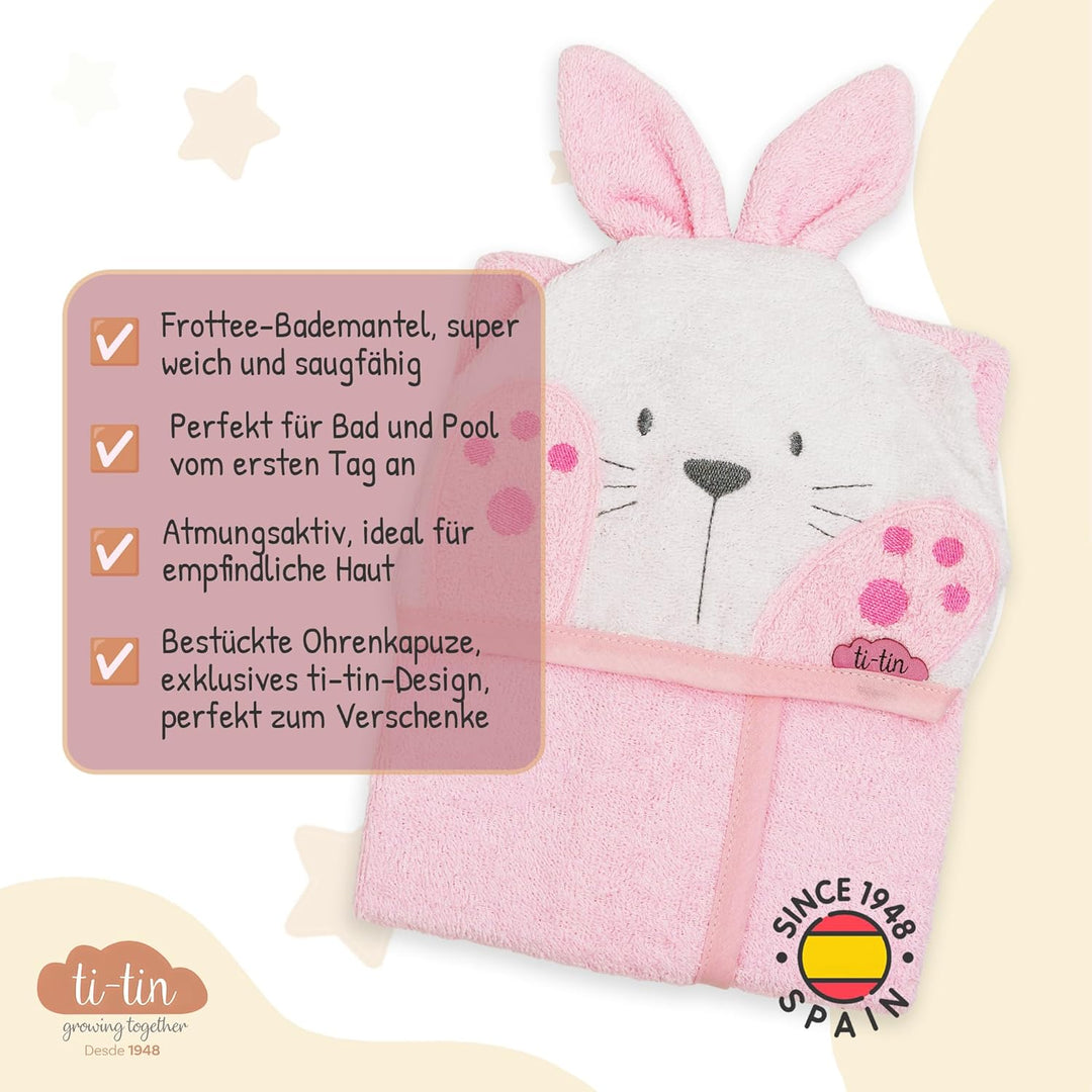 Ti TIN Kinder‑Bademantel mit Kapuze und Hasenohren – 100% Baumwolle, weich & saugfähi, Grösse 6–12 M