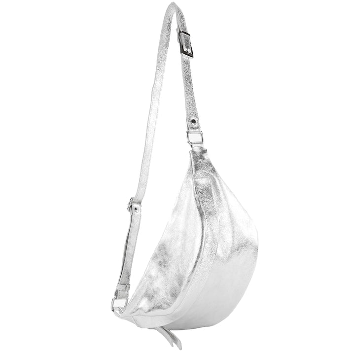 modamoda de - T77 - ital. Hüfttasche Bauchtasche Brusttasche Large aus weichem Leder, Farbe:Silber-M