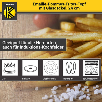 Krüger Emaille-Pommes-Frites-Topf mit Chromrand, Siebeinsatz und Aufliege-Glasdeckel - 24cm - perfek