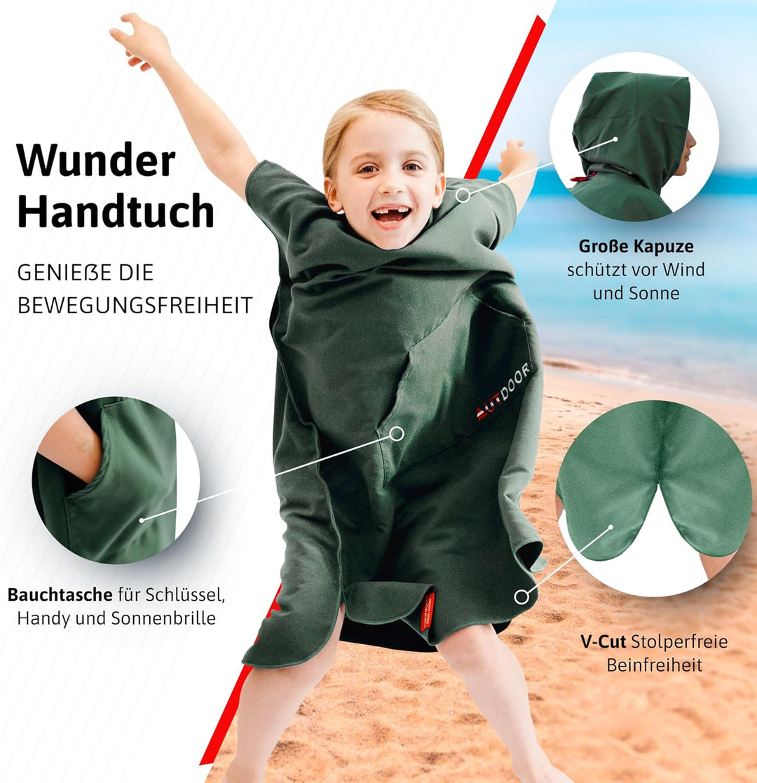 AUTDOOR® Mikrofaser Badeponcho für Kinder, Mädchen & Jungen - nachhaltig aus 100% recycelten PET-Fla