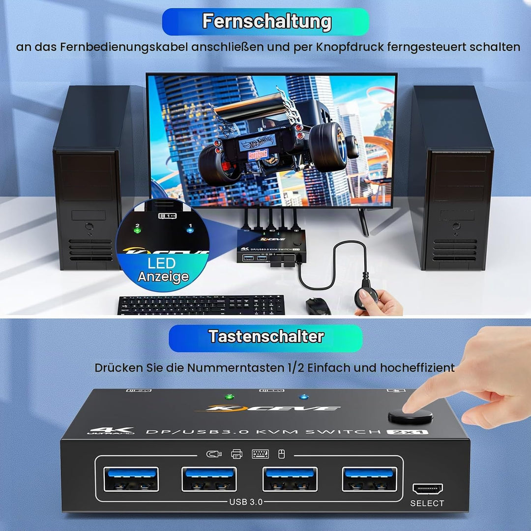 8K USB 3.0 KVM Switch Displayport 2 Ports 8K@30Hz 4K@120Hz,KVM Switch 2 PC 1 Monitore Support DP1.4
