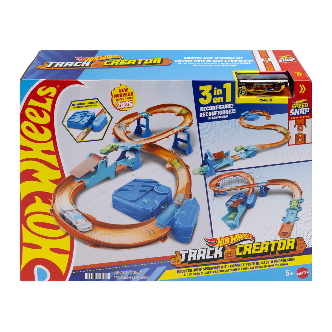 Hot Wheels Spielzeugauto Streckenset, Deluxe-Bauset mit motorisiertem Beschleuniger, Fahrzeug im Mas