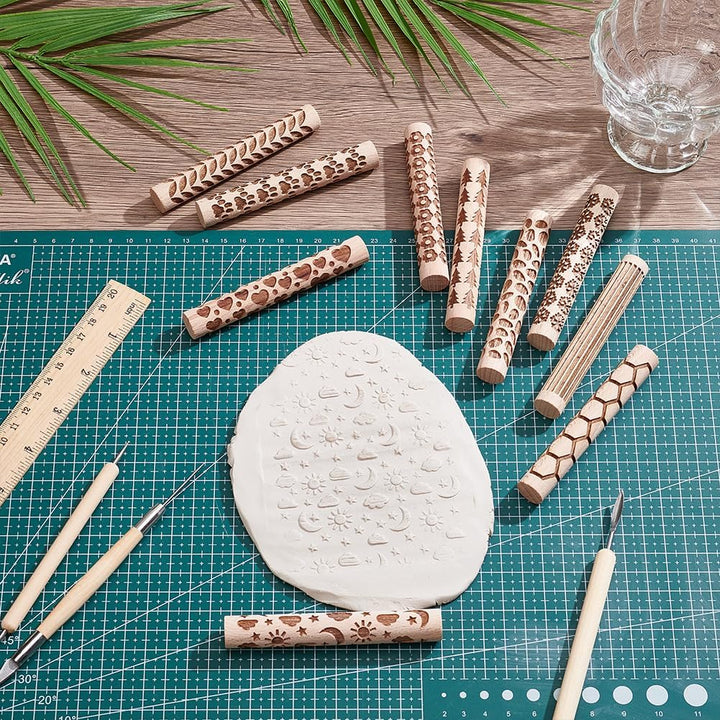 UNICRAFTALE 10 Stück 10 Stile Holz Texturwalzen Set Für Töpferkeramik Stempelroller Werkzeuge 10,2 c
