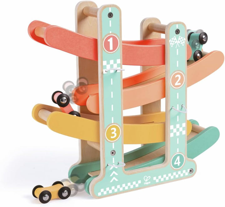 Hape Flickflack Rennbahn aus Holz mit 3 Autos –Limitierte Auflage – Montessori Motorikspielzeug &amp; Au
