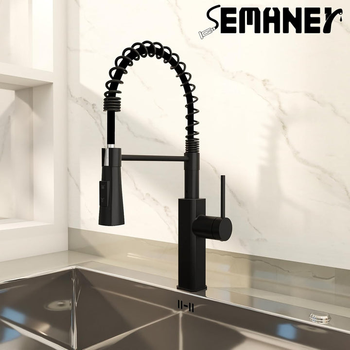 Wasserhahn Küche Schwarz, SEMANEY Hochdruck Küchenarmatur Ausziehbar, Armatur Küche mit Brause 2 Str