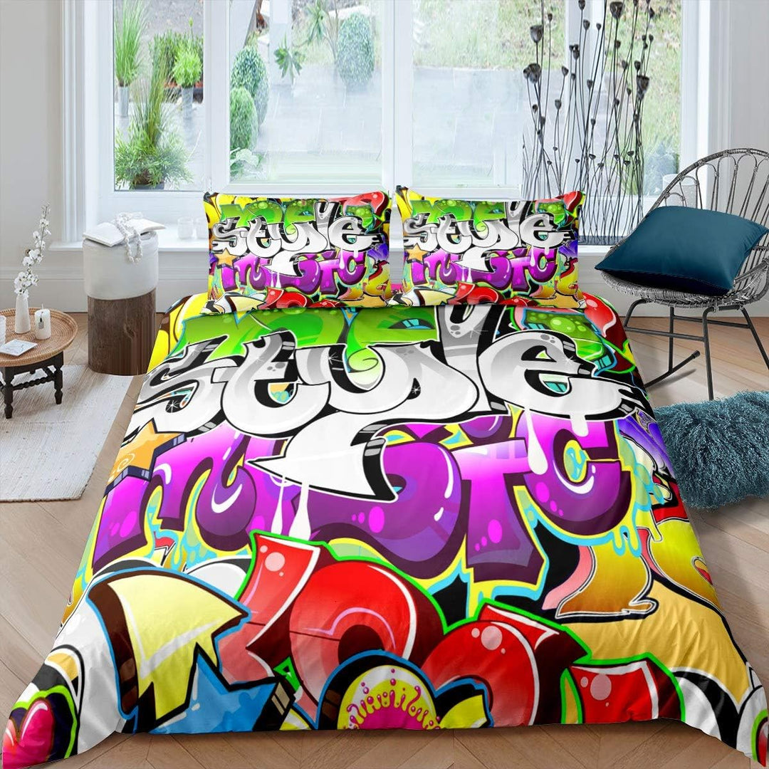 Loussiesd Hippie Graffiti Bettwäsche Set 135x200cm Teenager Hip Hop Stil Betten Set für Kinder Junge