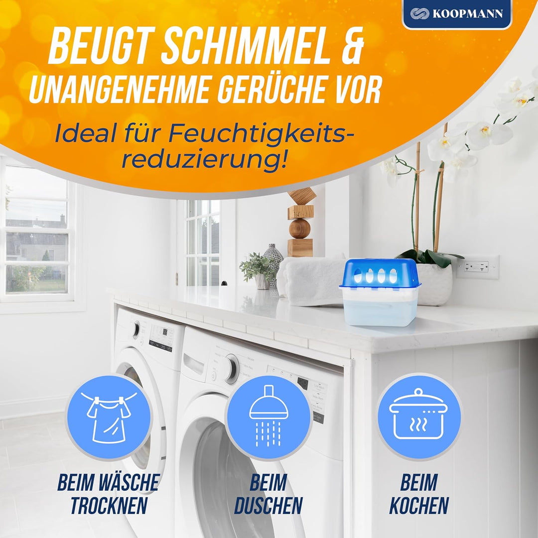 Koopmann 4X Ultra Fresh Luftentfeuchter Feuchtigkeits-Stopper mit Nachfüll-Beutel Granulat, Blau,wei