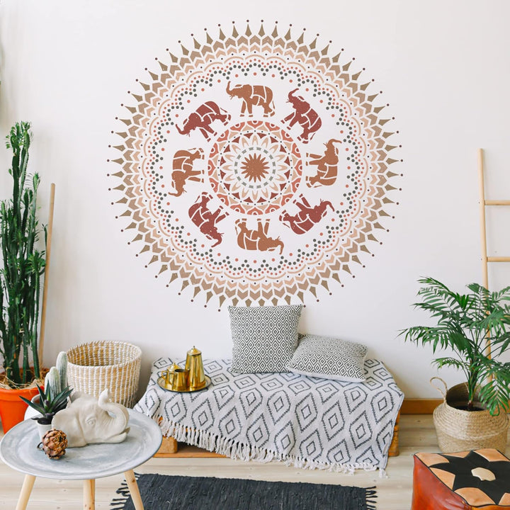 NAKLEO Wiederverwendbare Wand Kunststoff-Schablone – durchmesser 59cm - Elefant Mandala Symbol - Gro