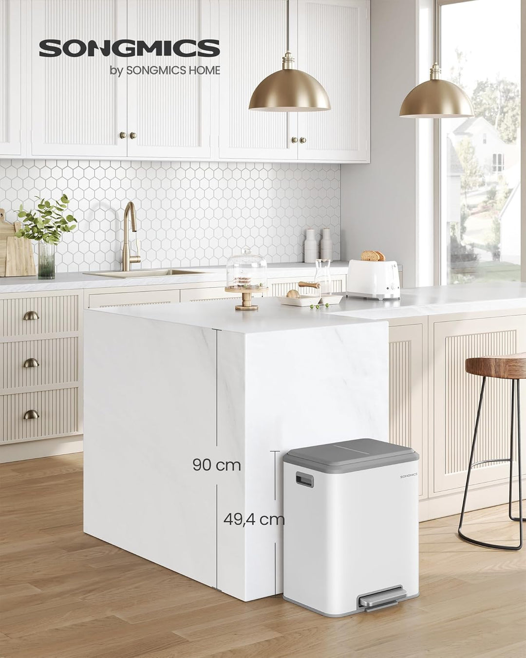 SONGMICS Mülleimer Küche, Mülltrennsystem 2 x 15 L, 2 Fächer für Recycling und Restmüll, Abfalleimer