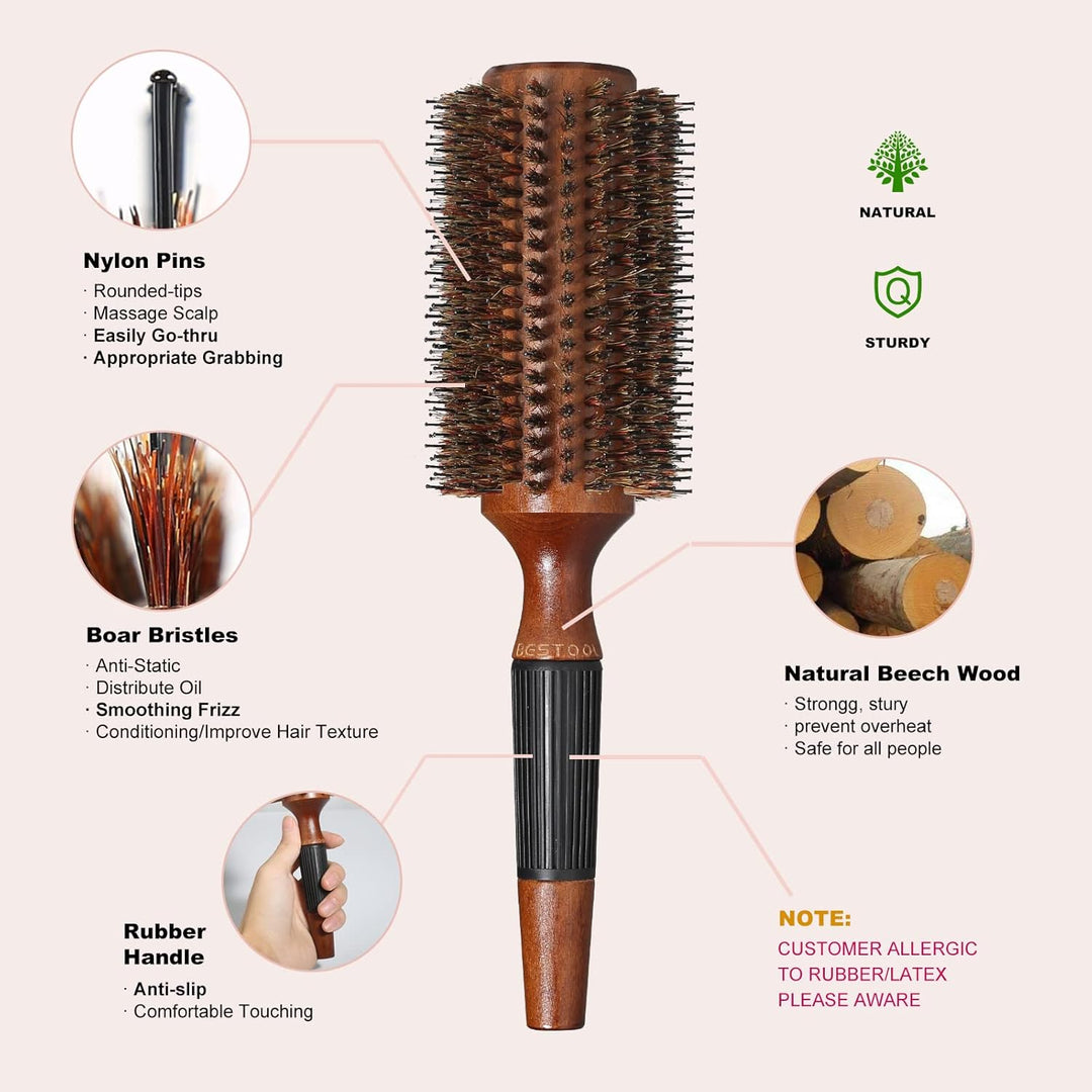BESTOOL Rundbürste zum Föhnen,Wildschweinborsten Rundhaarbürste mit Holzfass, grosse runde Stylingbü