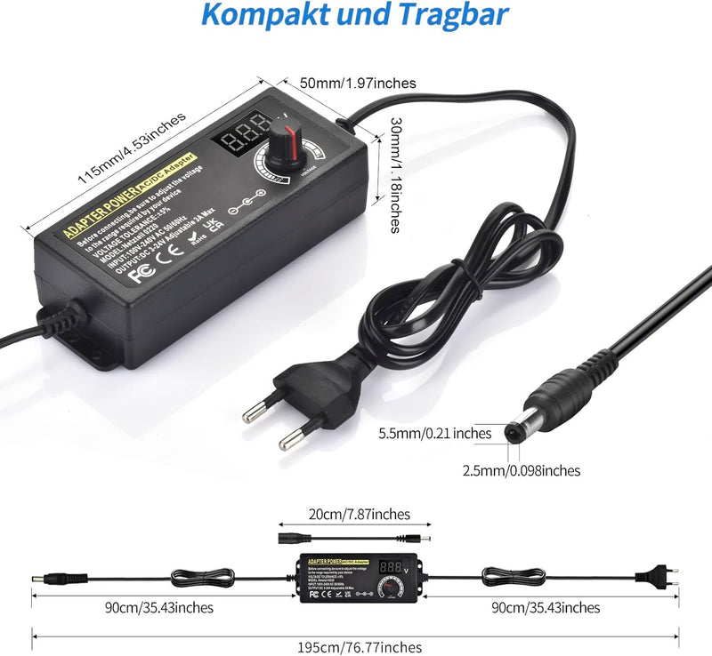 Einstellbares Netzteil 3V-24V Universal Netzteiladapter 3A 72W Verstellbarer Netzadapter 100V-240V A