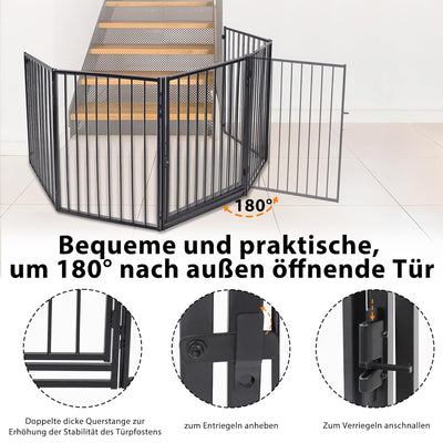 Aufun 5-tlg Metall Kaminschutzgitter mit Tür Schwarz Laufstall 60 x76 cm Kindersicherer Kaminzaun Tü