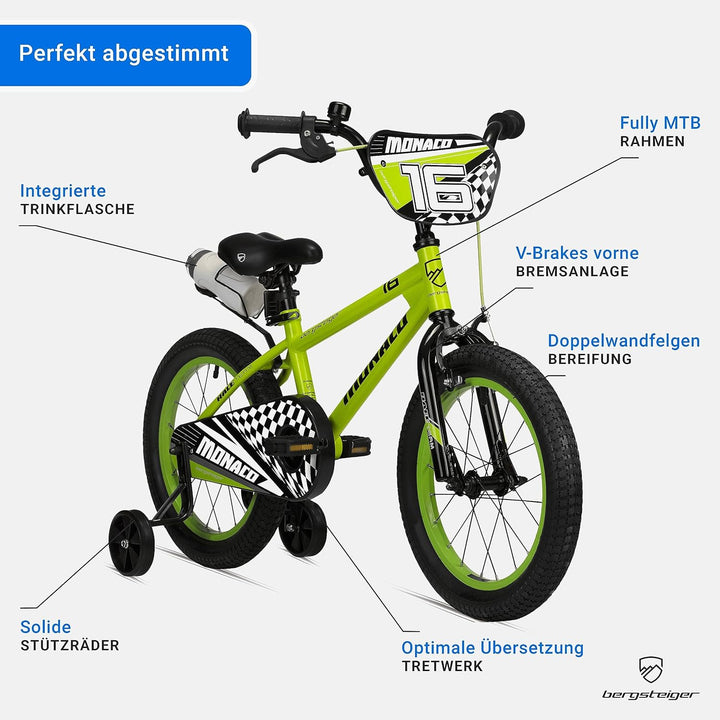 Bergsteiger Monaco 16 Zoll Kinderfahrrad, geeignet für 4, 5, 6 Jahre, BMX, Stützräder, Rücktrittbrem