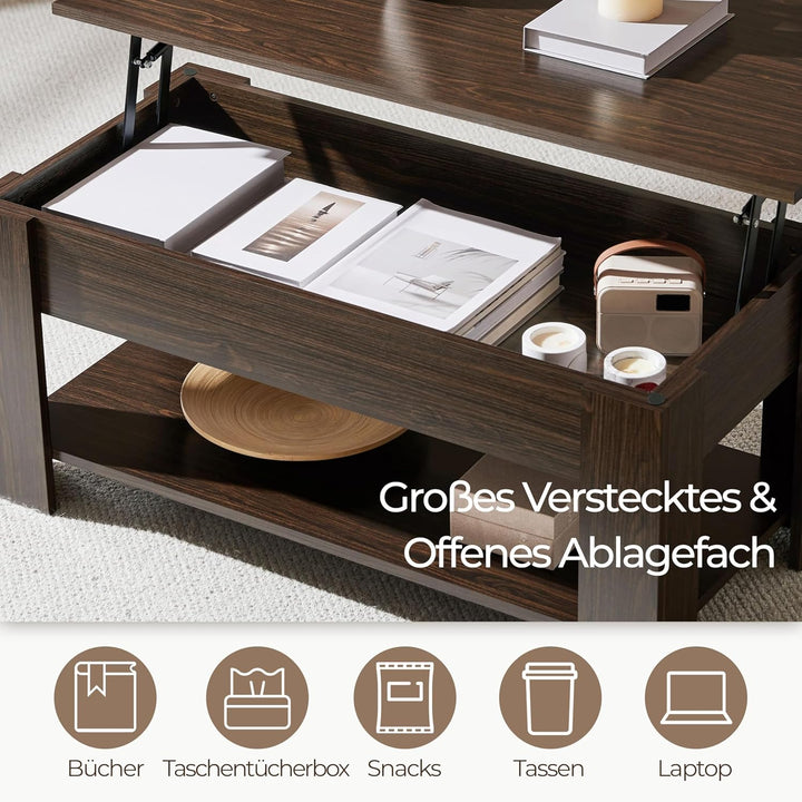 Yaheetech Couchtisch Hubtisch mit Stauraum, Wohnzimmertisch mit Höhenverstellbarer Platte Kaffeetisc