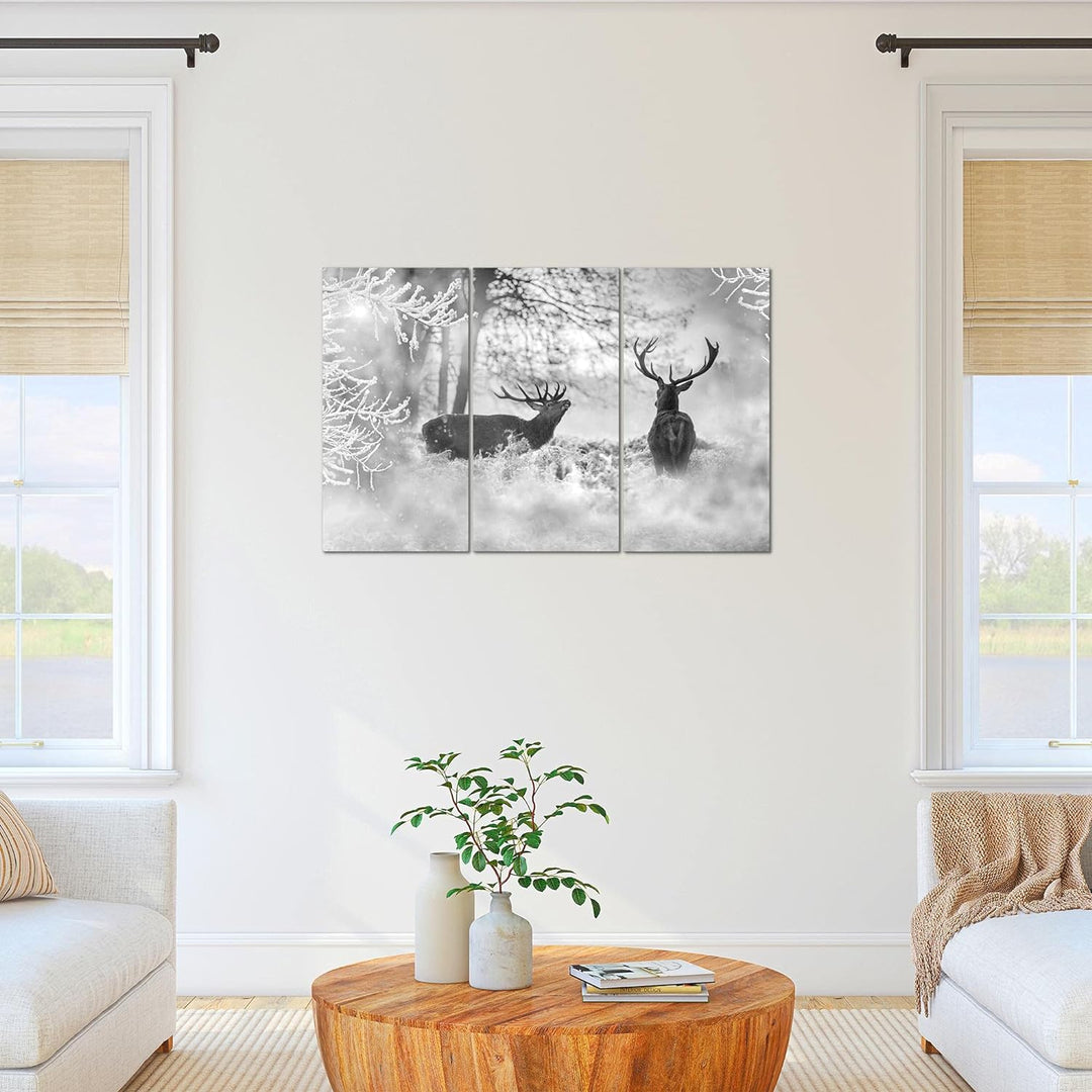 Runa Art Wandbilder Winter Hirsch Bild XXL Wohnzimmer Schlafzimmer Schwarz Weiss Landschaft 120 x 80