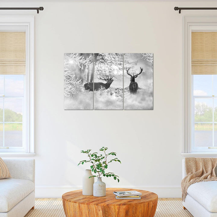 Runa Art Wandbilder Winter Hirsch Bild XXL Wohnzimmer Schlafzimmer Schwarz Weiss Landschaft 120 x 80