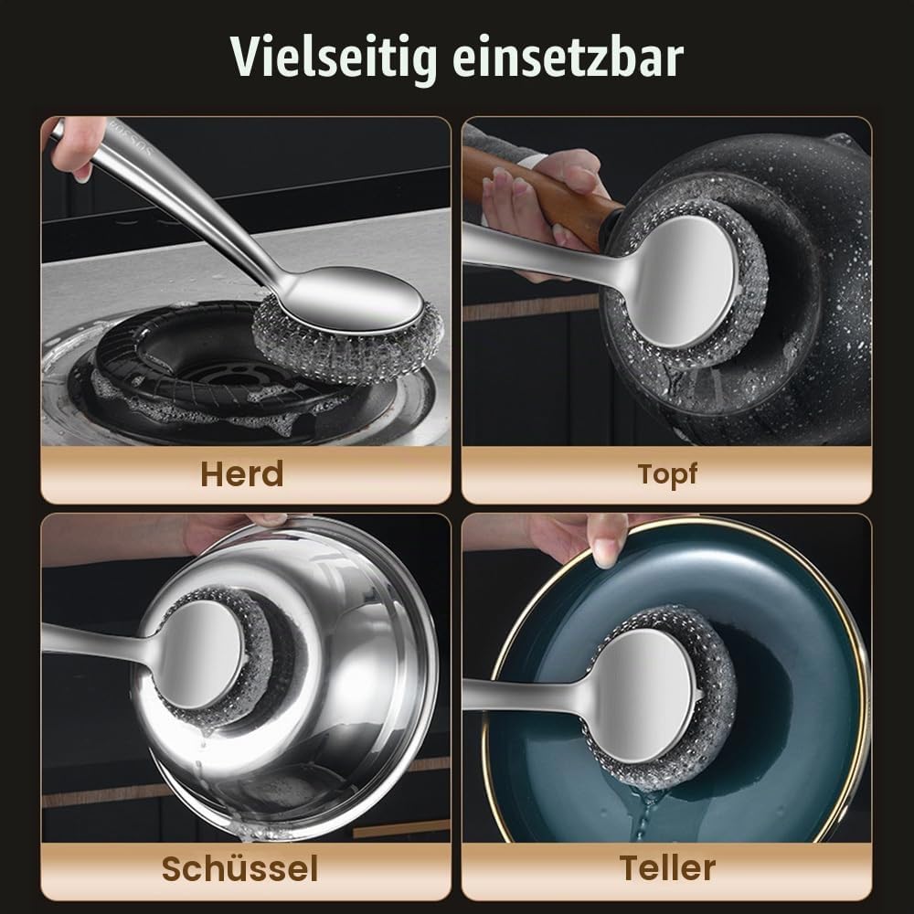 Drahtschwamm Set mit Langem Griff, 5-teilig Schrubber aus Stahlwolle, Topfreiniger aus Metalldraht f