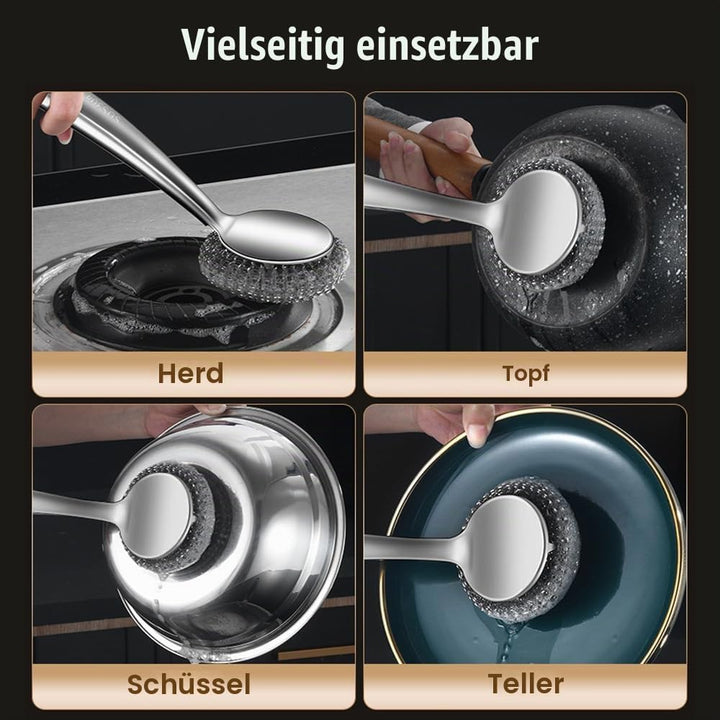 Drahtschwamm Set mit Langem Griff, 5-teilig Schrubber aus Stahlwolle, Topfreiniger aus Metalldraht f