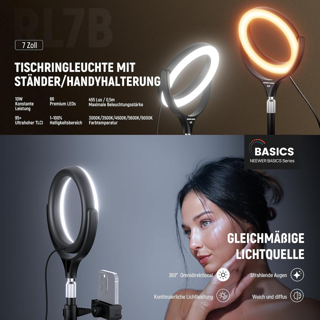 NEEWER Basics 7" Tisch Ringlicht mit Ständer/Handyhalterung kompatibel mit iPhone, 10W CRI95+ zweifa