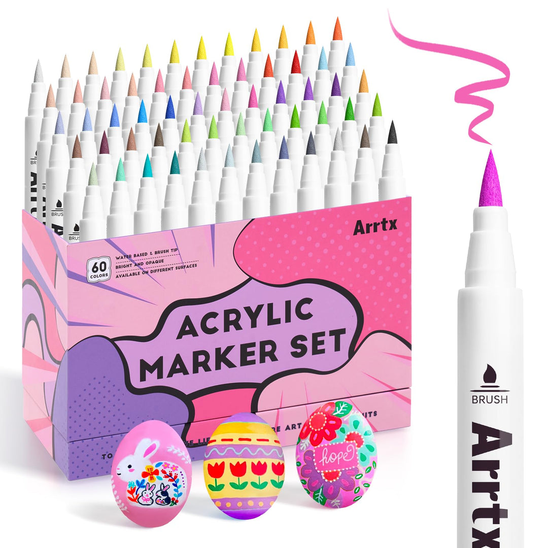 Arrtx Pinselspitze Acrylfarbe Stifte für Steine wasserfest, 60 Farben Pinselspitze Acrylstifte, Acry