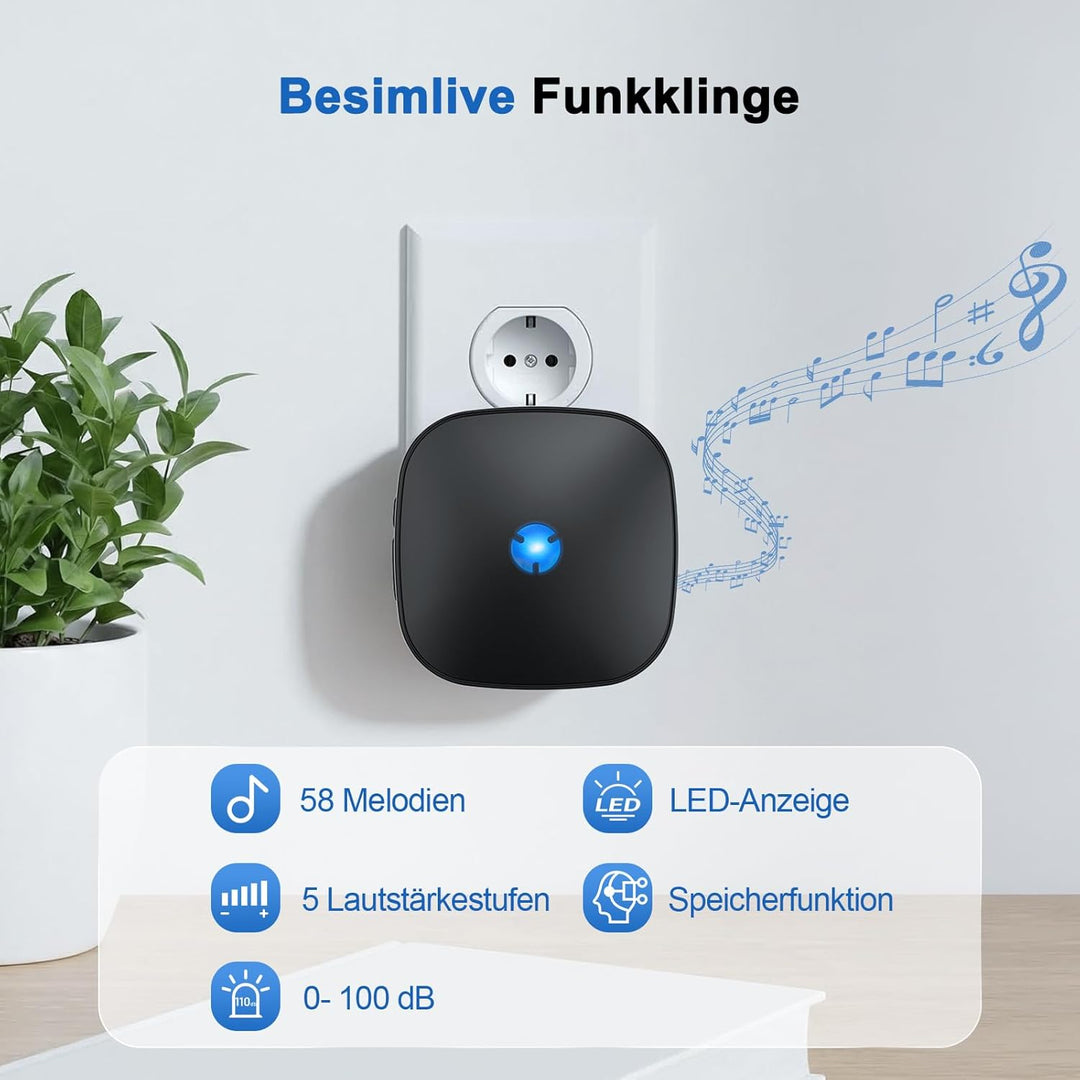 Funkklingel 58 Melodien auf 5 Stufen Volumes mit LED Anzeige（ 2 Empfänger und 2 Sender） Schwarza12,