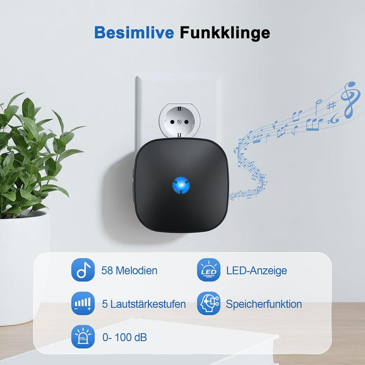 Funkklingel 58 Melodien auf 5 Stufen Volumes mit LED Anzeige（ 2 Empfänger und 2 Sender） Schwarza12,
