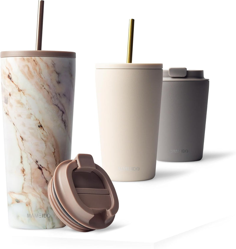 MAMEIDO Thermobecher mit Strohhalm 700ml & 470ml - Trinkbecher mit Deckel und Strohhalm aus Edelstah