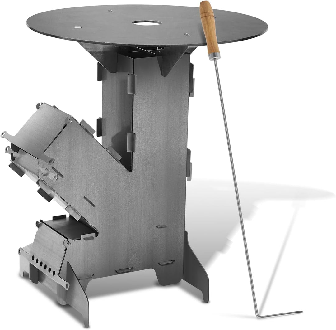 Jiubiaz Raketenofen inkl. Grillplatte Rocket Stove mit Feuerhaken und 2 zusätzlichen Standfüssen Cam