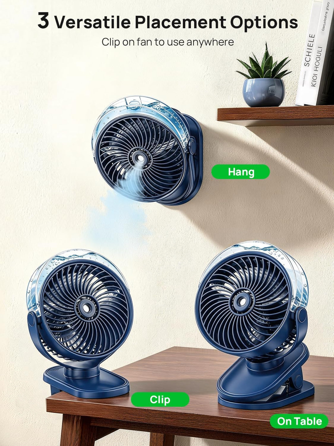 Mini Akku Ventilator Mit Wasserkühlung, 6000mAh Tragbarer Clip Ventilator, USB Tischventilator mit 4