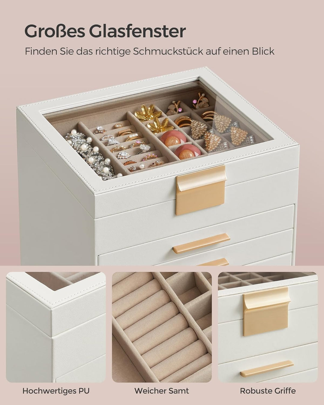 SONGMICS GISELLA Kollektion - Schmuckkästchen mit Glasdeckel, Schmuckkasten mit 6 Ebenen, Schmuckbox