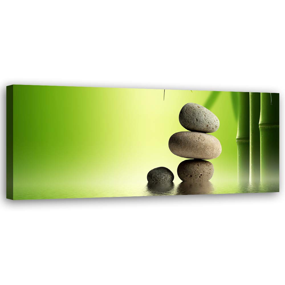 Leinwandbild XXL Zen Steine Wandbild Kunst Bambus Grün 150x50 cm Leinwandbild 150x50 cm Grün_b, Lein