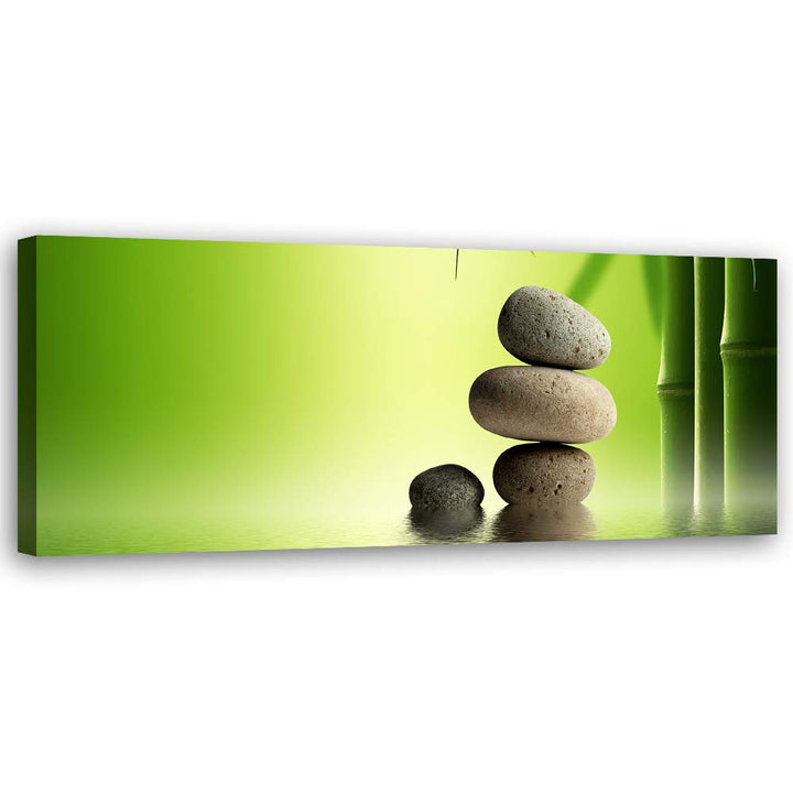 Leinwandbild XXL Zen Steine Wandbild Kunst Bambus Grün 150x50 cm Leinwandbild 150x50 cm Grün_b, Lein