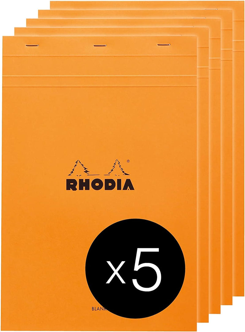 Rhodia 18000C - Packung mit 5 Notizblöcken geheftet No.18, DIN A4 80 Blätter blanko 80g, Orange, 1 P