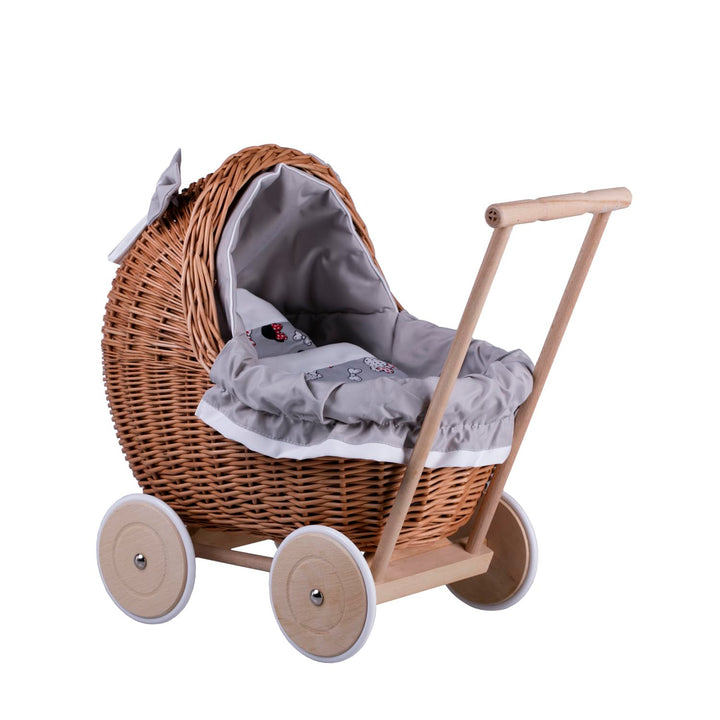 e-wicker24 Alles aus Weide Puppenwagen aus Weide mit Bettwäsche perfekte Geschenkidee Korbpuppenwage