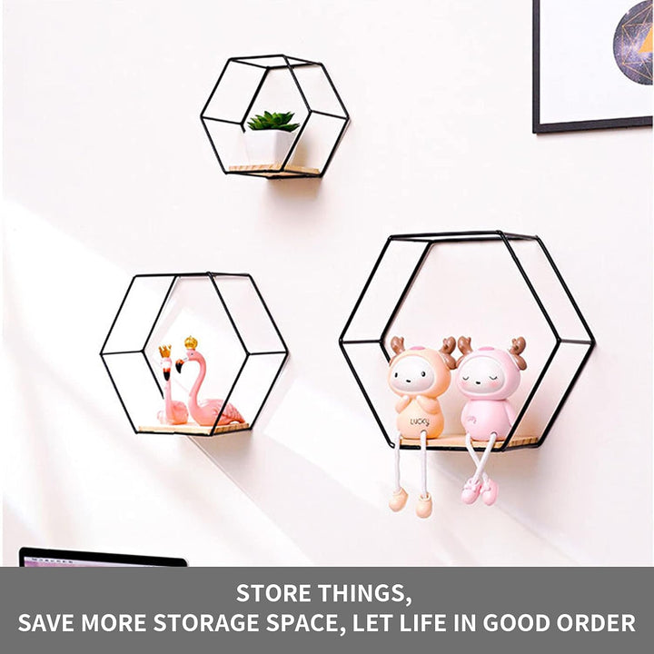 WingFly Hexagon Wandregal Ablage aus Holz Metall, 3 Grössen Hängeregal Schweberegal Gitterregal Wand